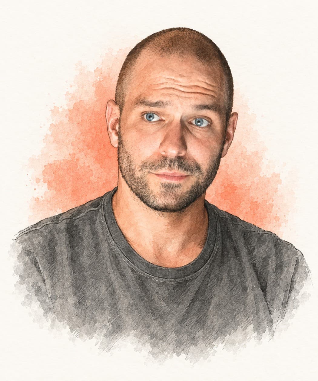 Watercolour portrait of Daniel Foch with a buzz cut