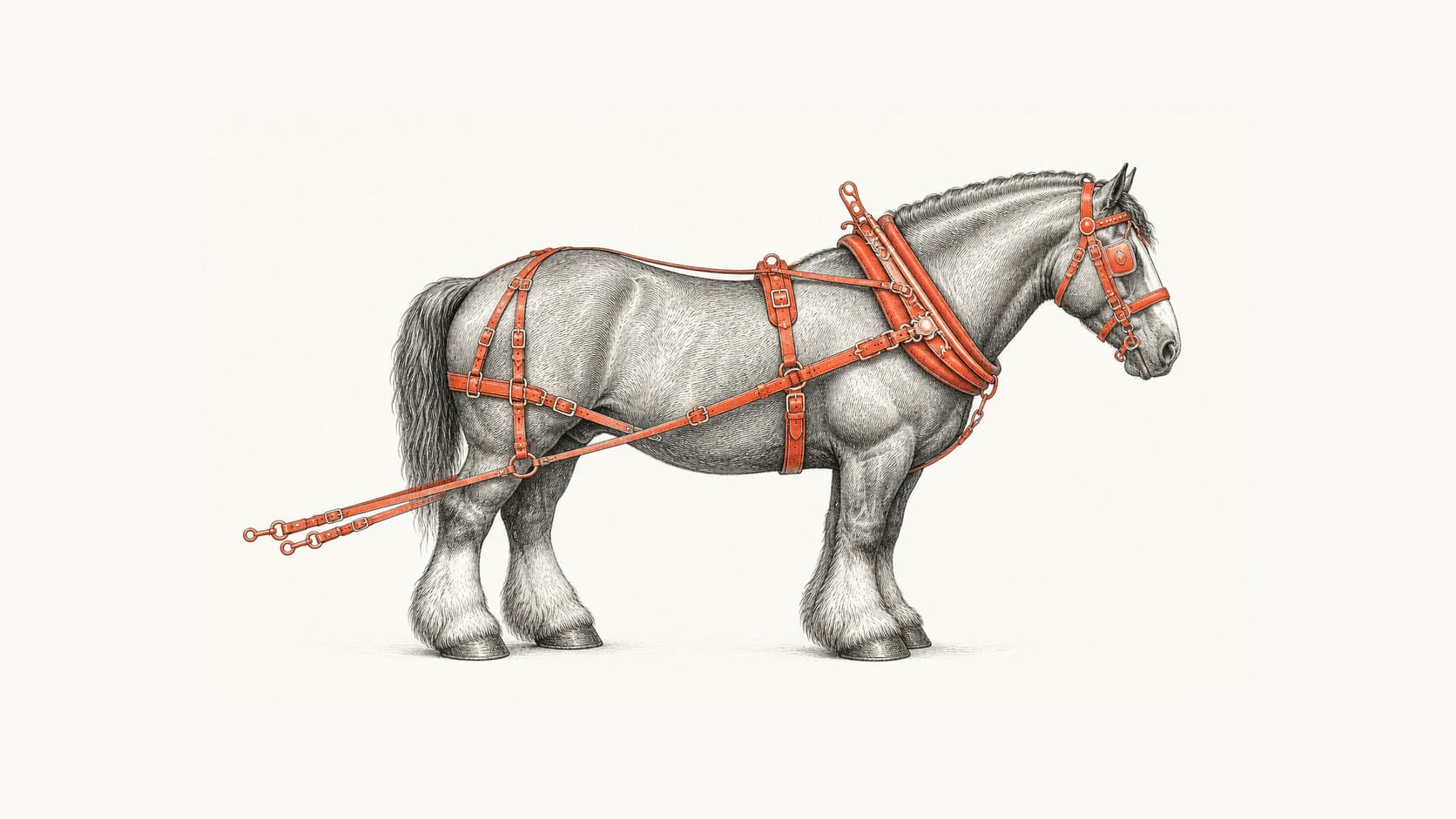 A draft horse in a leather harness drawn in warm ink on ivory, the harness straps traced in coral — the recurring metaphor of the HARNESS IT keynote