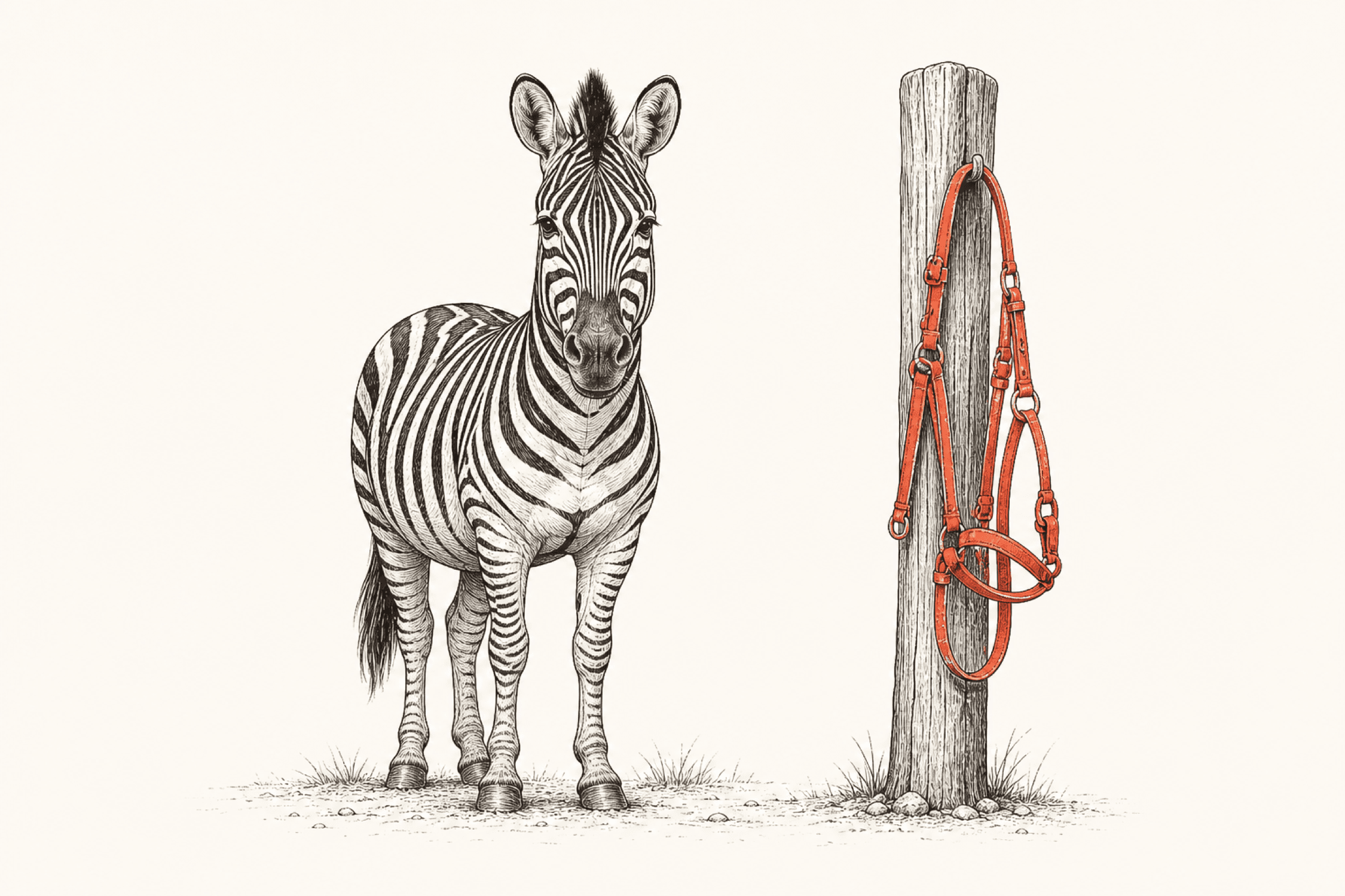 A zebra looking directly at the viewer with an unbothered expression, a coral harness hanging unused on a post beside it.