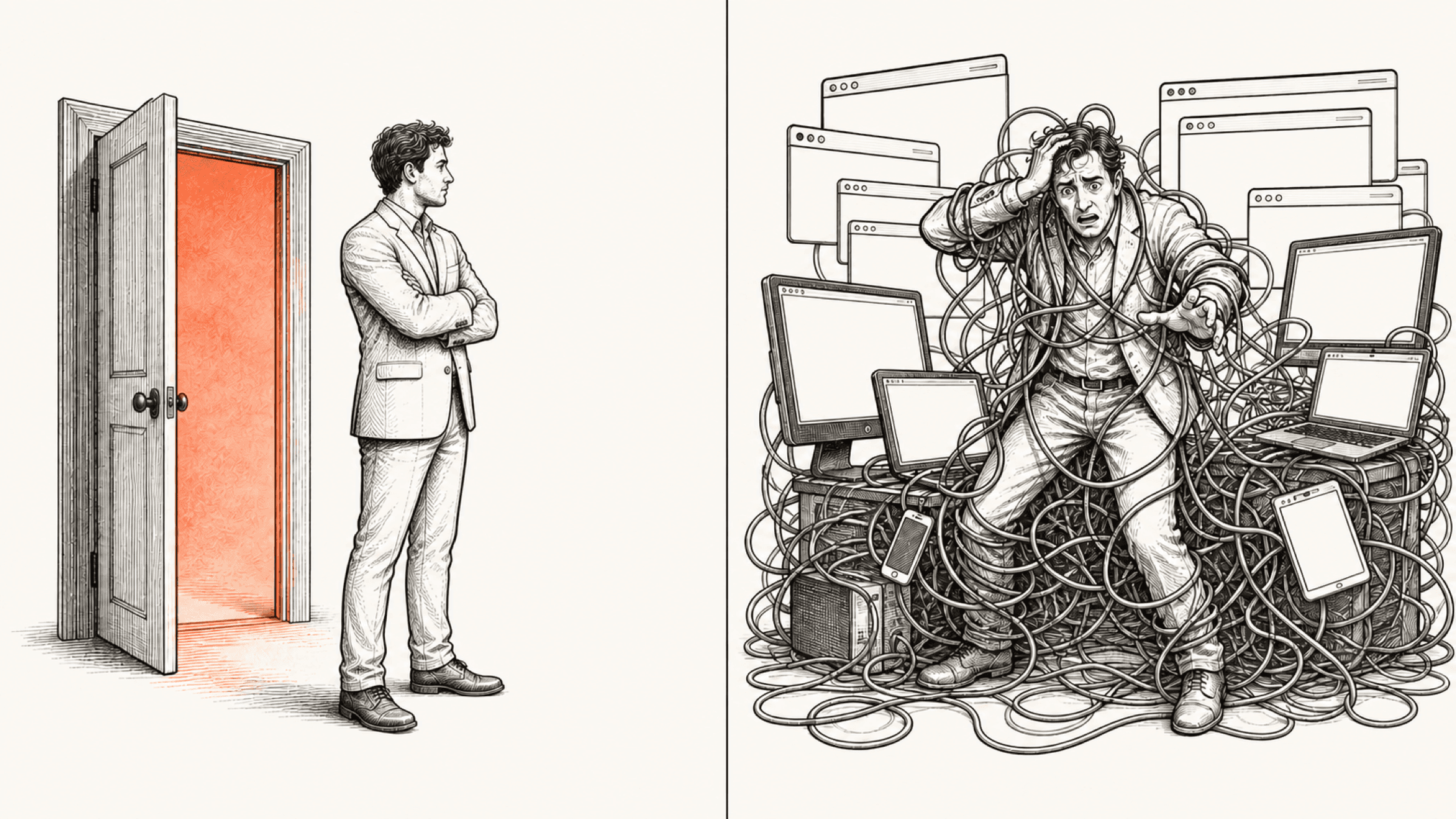 Split-panel illustration: an agent looking away from a glowing doorway on the left; an agent buried in tangled cables and browser tabs on the right.