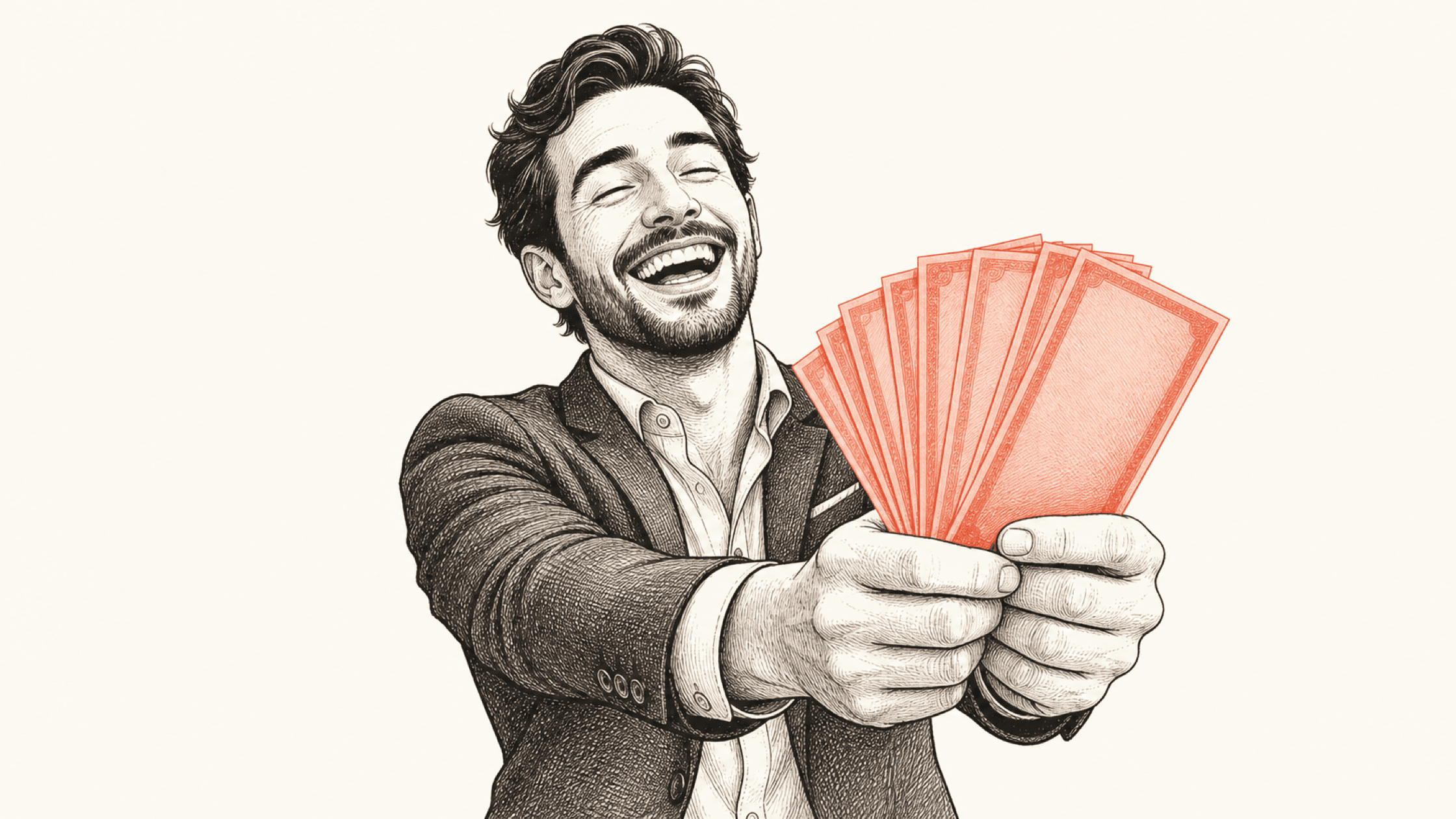 The “shut up and take my money” meme redrawn in the Homies editorial style: a delighted agent holding out a fan of bills.