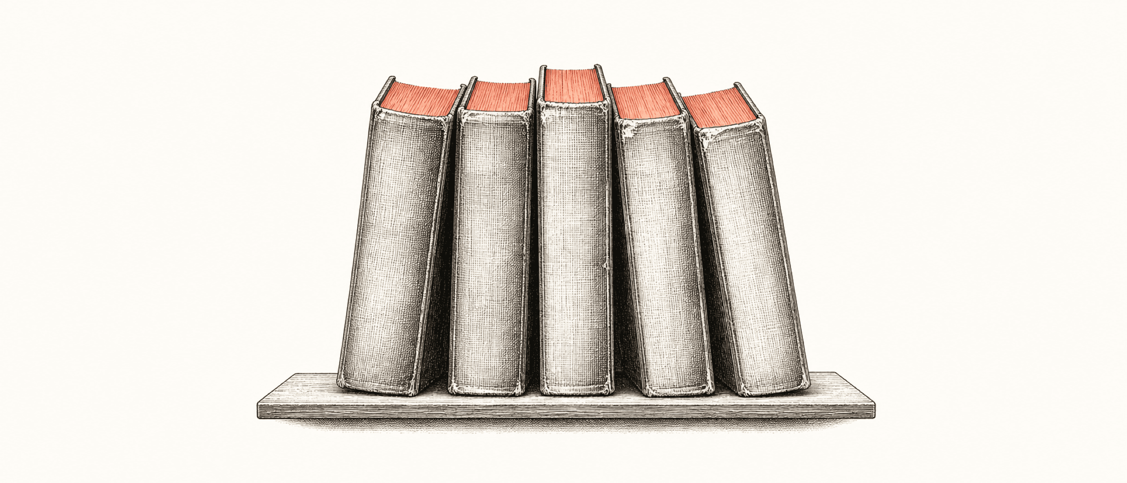 Five well-worn business books standing on a shelf, spines out, drawn in the editorial ink style with coral page edges.