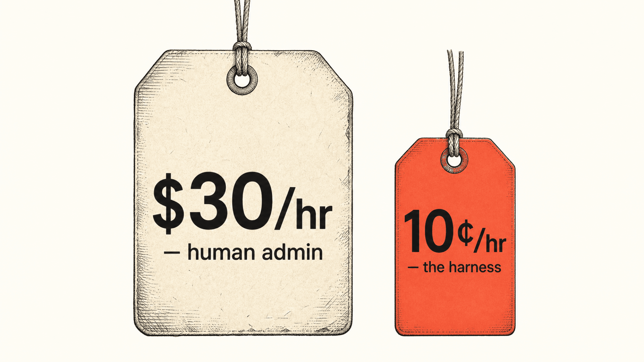 Two price tags side by side: a large worn tag reading $30/hr and a small coral clearance tag reading 10¢/hr.