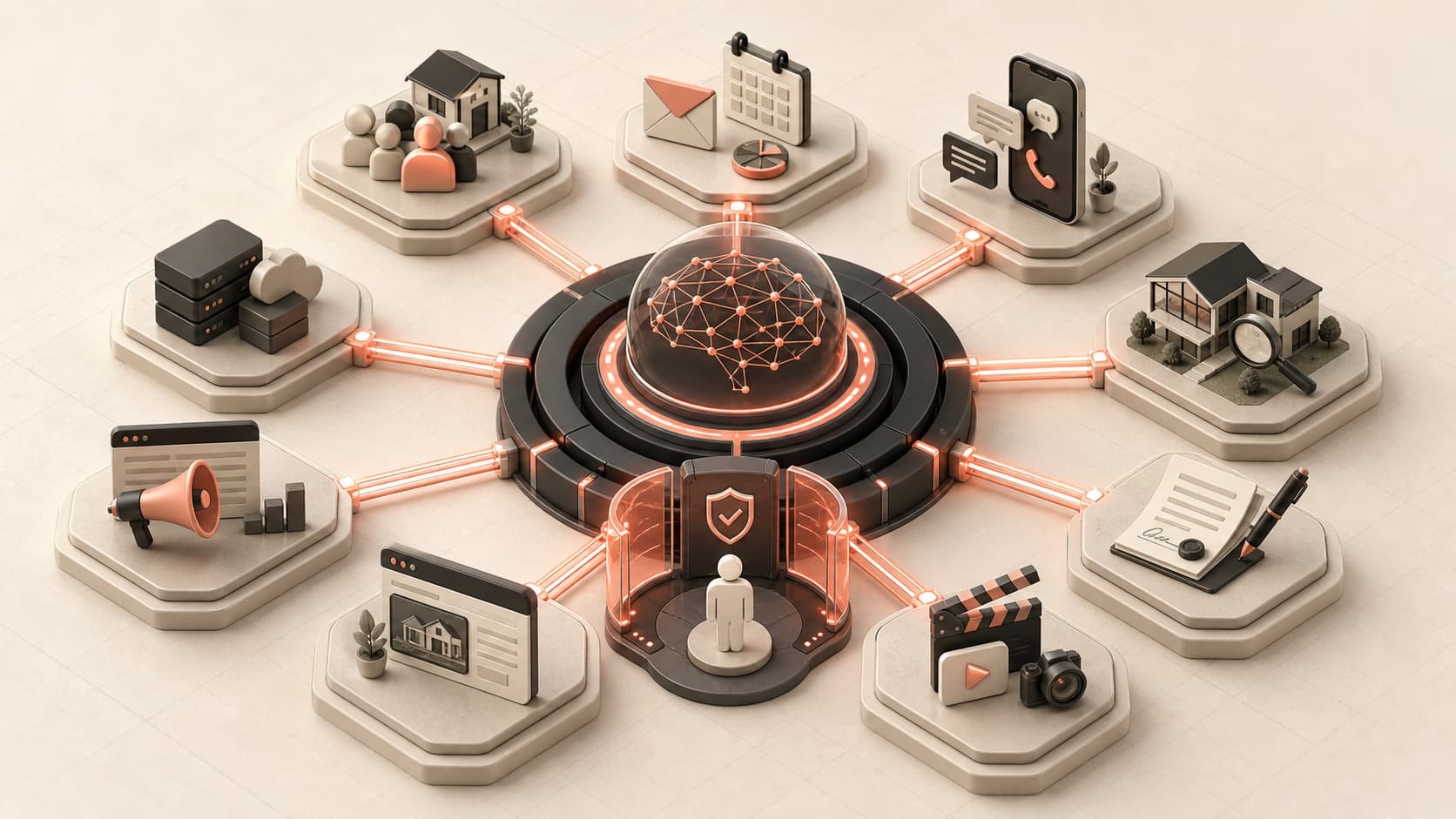 A real estate AI integration atlas connecting a governed Homies harness to CRM, email, voice, MLS, IDX, social media, transaction and website systems