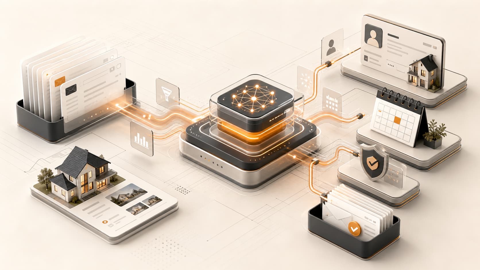 A real estate AI email system connecting an inbox, AI orchestration, CRM, calendar, approval, and audit trail