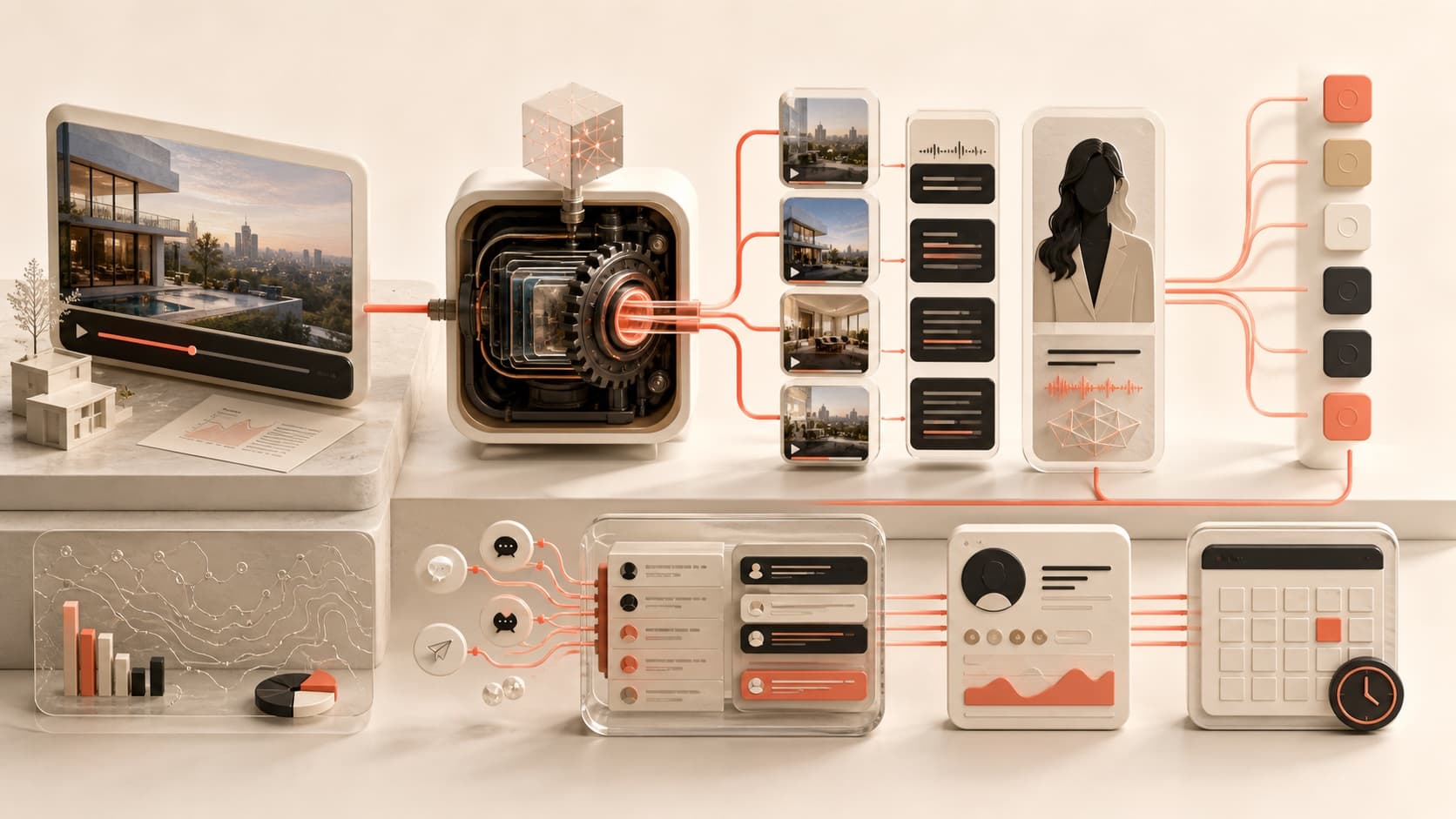 A real estate social media AI system turning property video into clips, posts, conversations, CRM records, and appointments