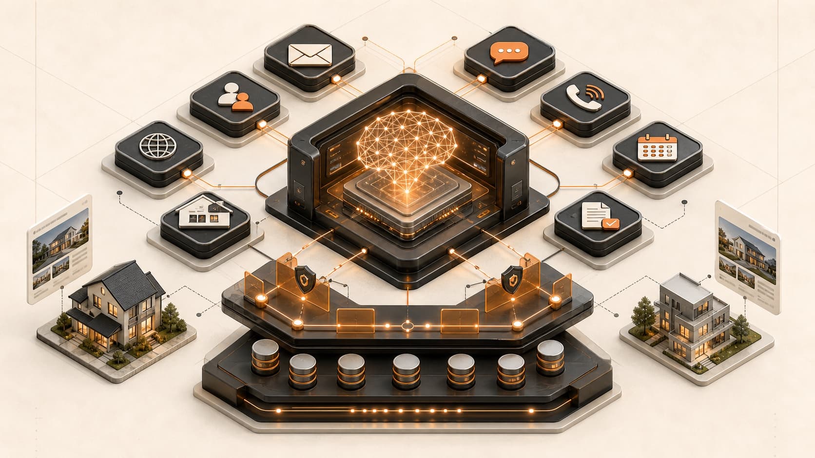 An AI harness connecting a model to real estate email, CRM, messaging, calls, calendar, documents, browser tools, and an approved IDX website