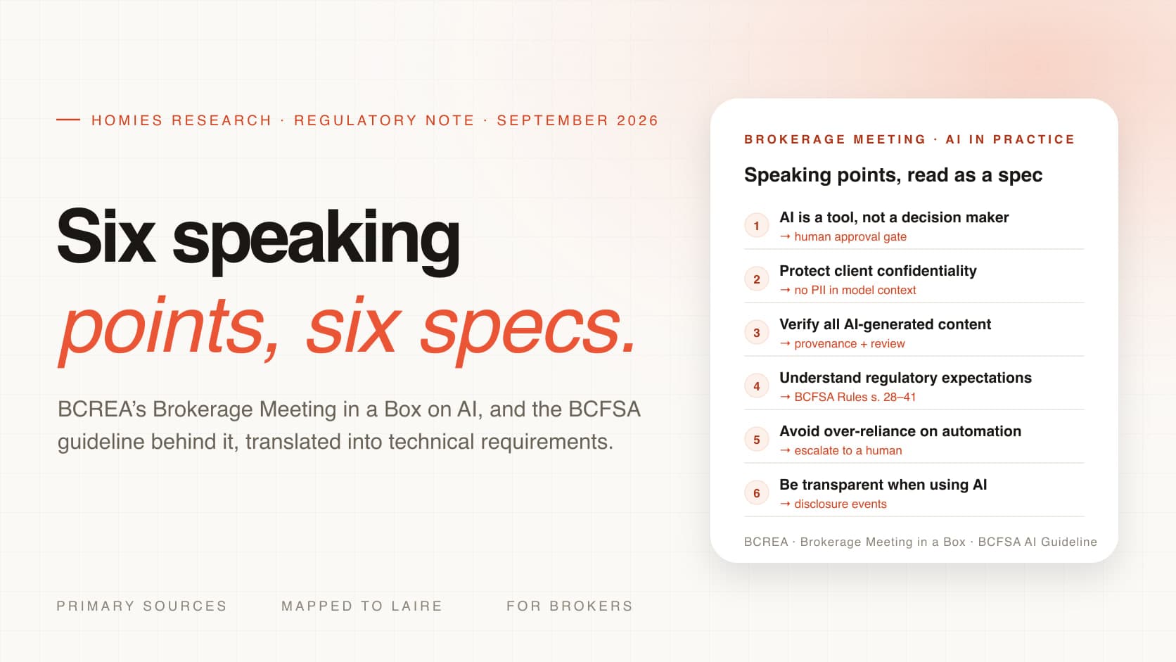 A brokerage meeting agenda card listing BCREA’s six AI speaking points, each translated into a technical requirement