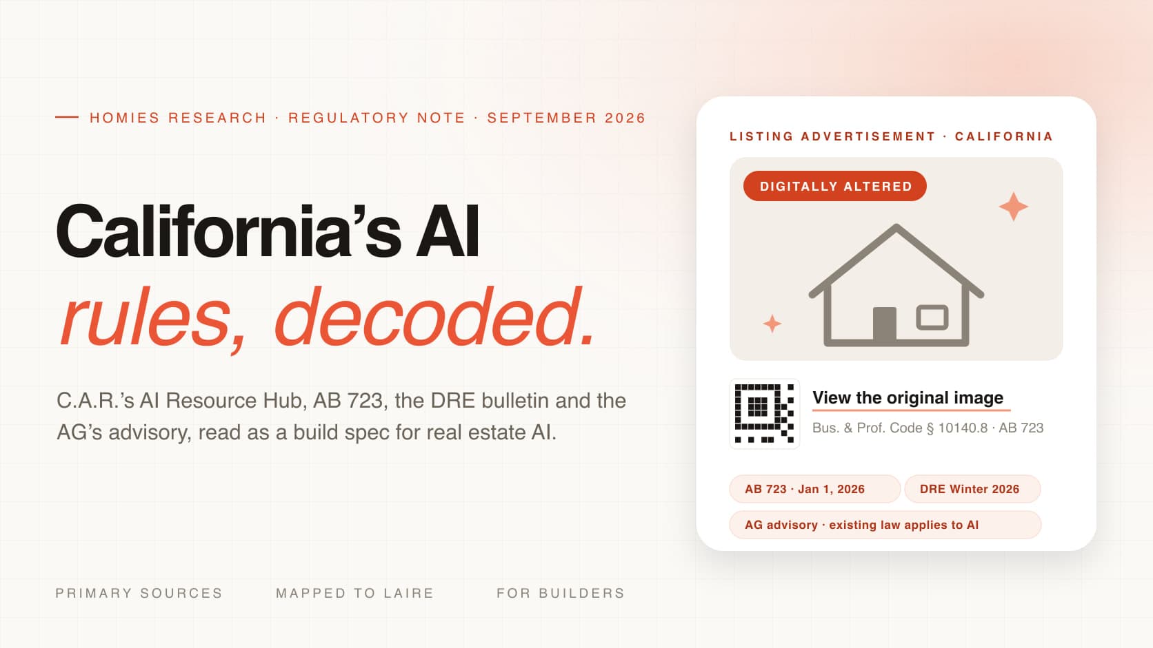 A California listing advertisement card with a digitally altered badge, a QR code to the original image, and AB 723, DRE, and Attorney General chips