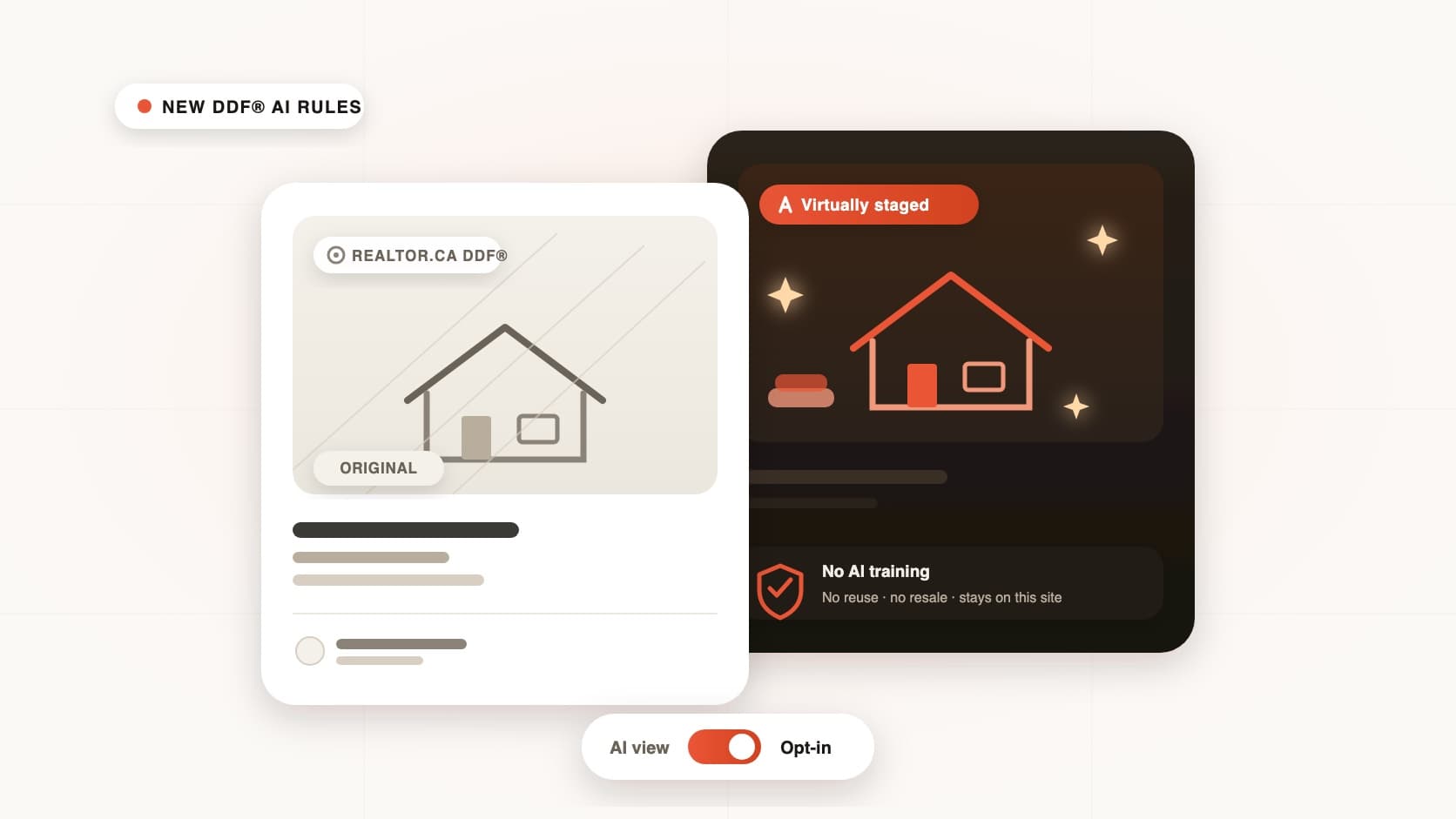 A REALTOR.ca listing card with an opt-in AI augmentation overlay governed by CREA's updated DDF terms