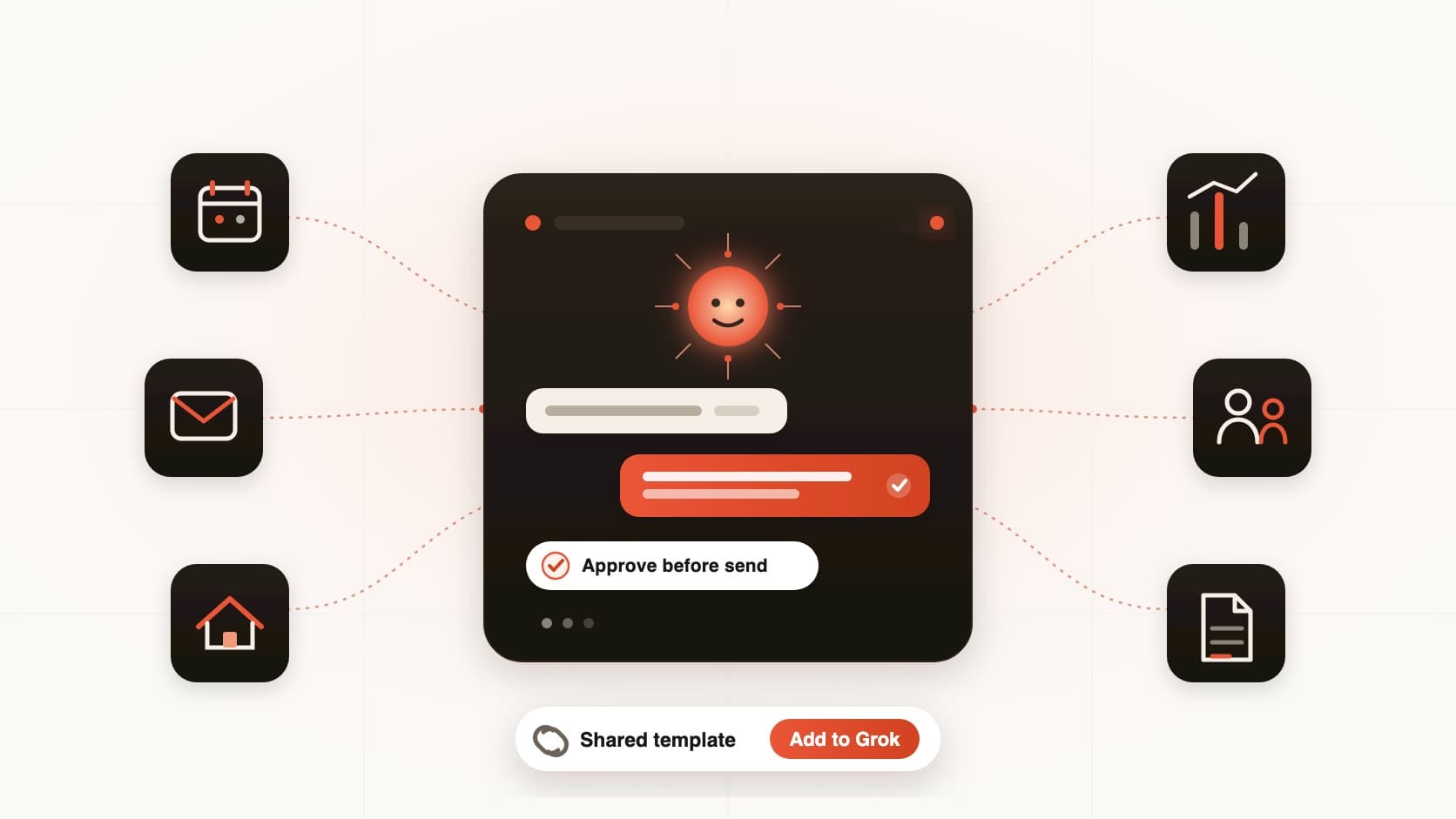 The Homies AI shared Grok bot template connecting a realtor chat to CRM, calendar, inbox, listings, and CMA workflows