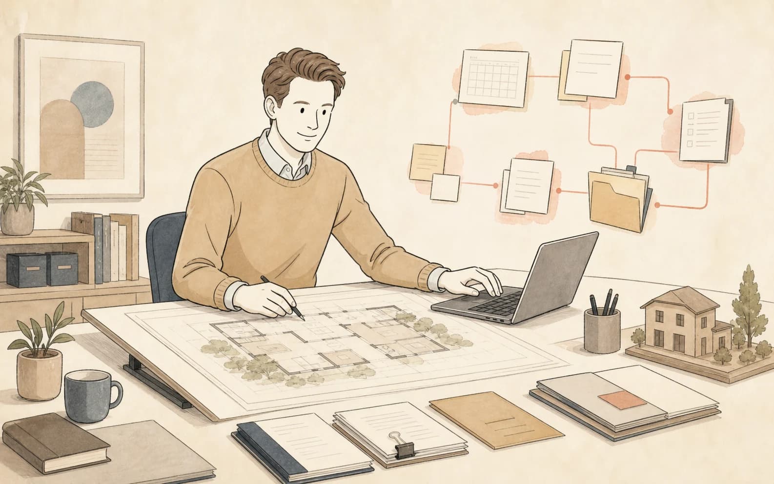 A Homies real-estate professional uses a computer-assisted drafting workspace to coordinate plans, documents, messages and calendar tasks