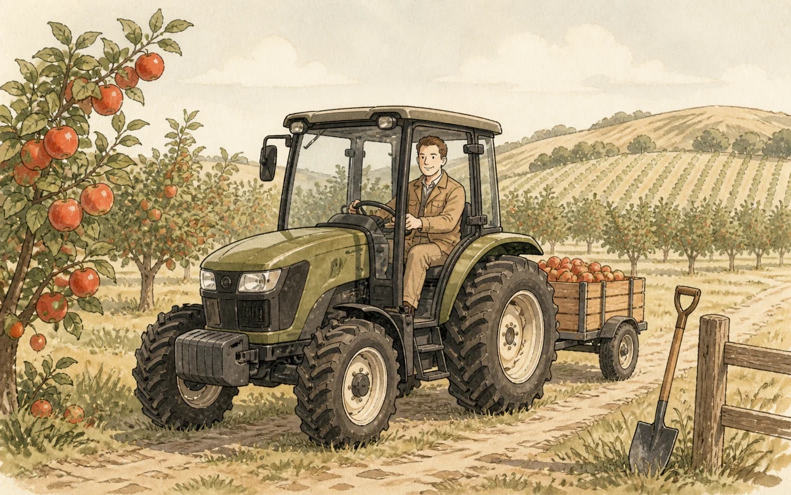 A Homies character drives modern farm equipment through a productive apple orchard while a shovel rests by the fence