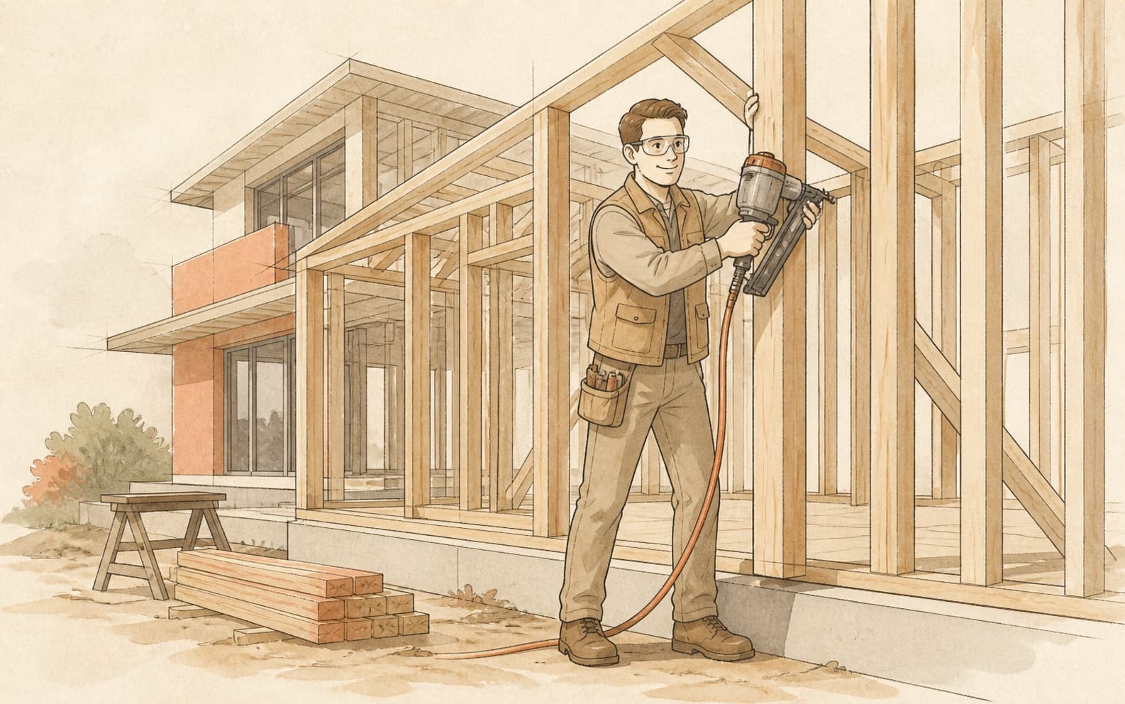 A Homies character uses a nail gun to frame a modern house, illustrating productivity through better tools