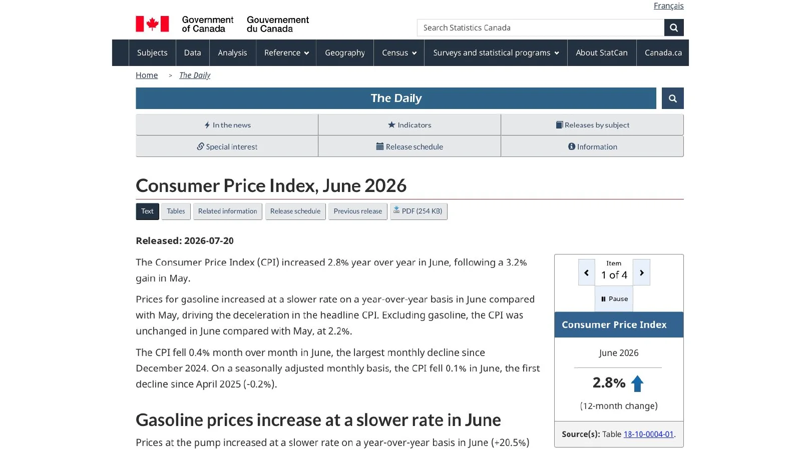 Statistics Canada release page for the June 2026 Consumer Price Index.