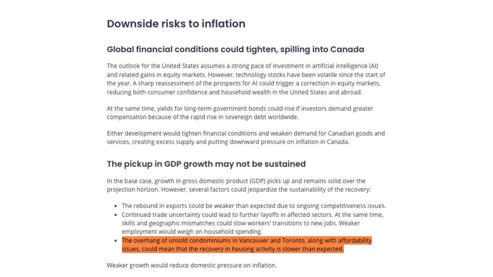 Bank of Canada text outlining downside risks to inflation and GDP growth.
