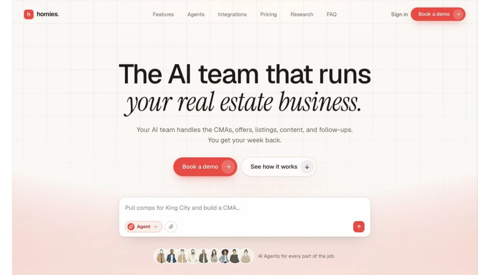 Homies homepage hero introducing the AI team for real estate.