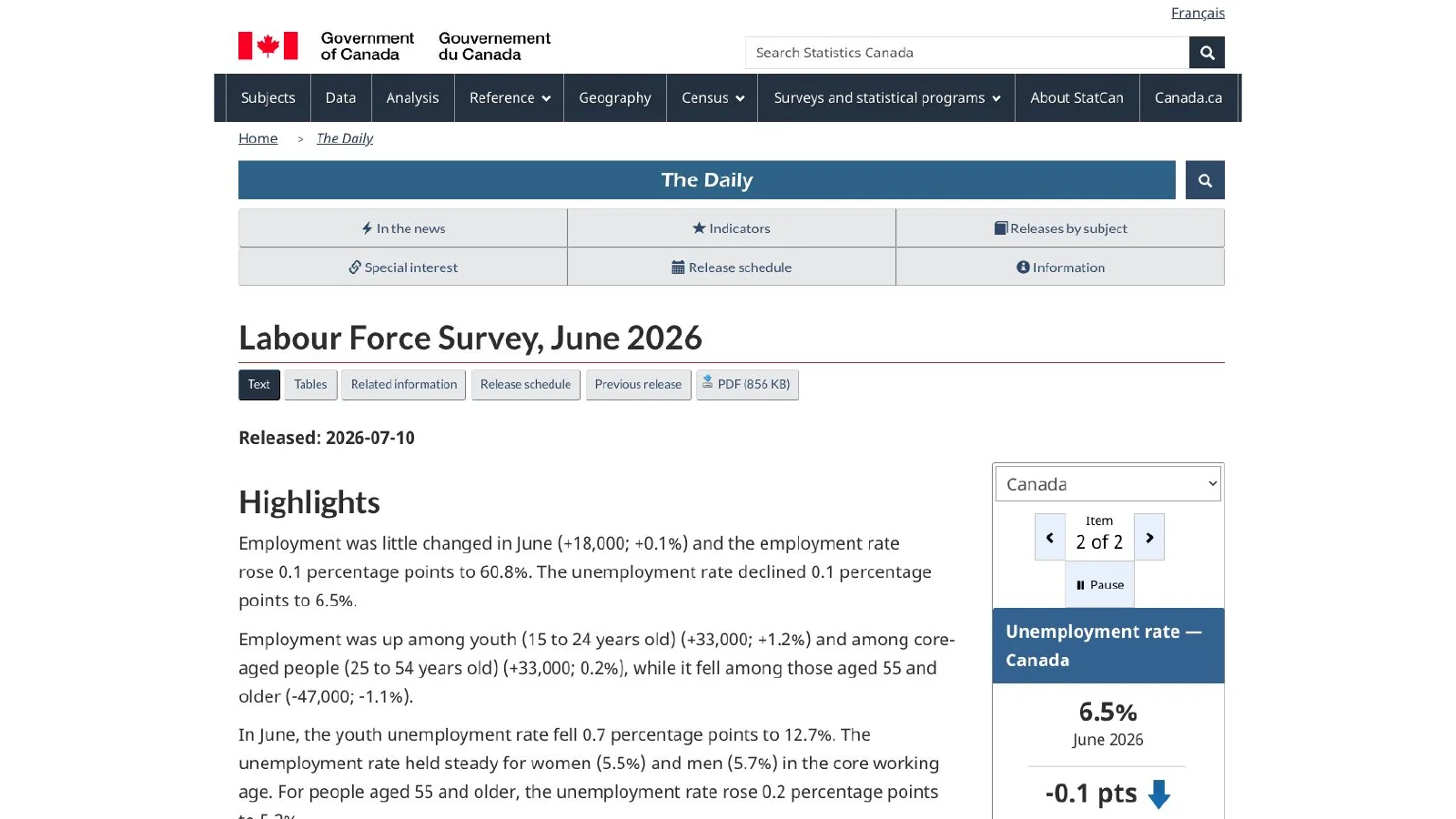 Statistics Canada Labour Force Survey release for June 2026.