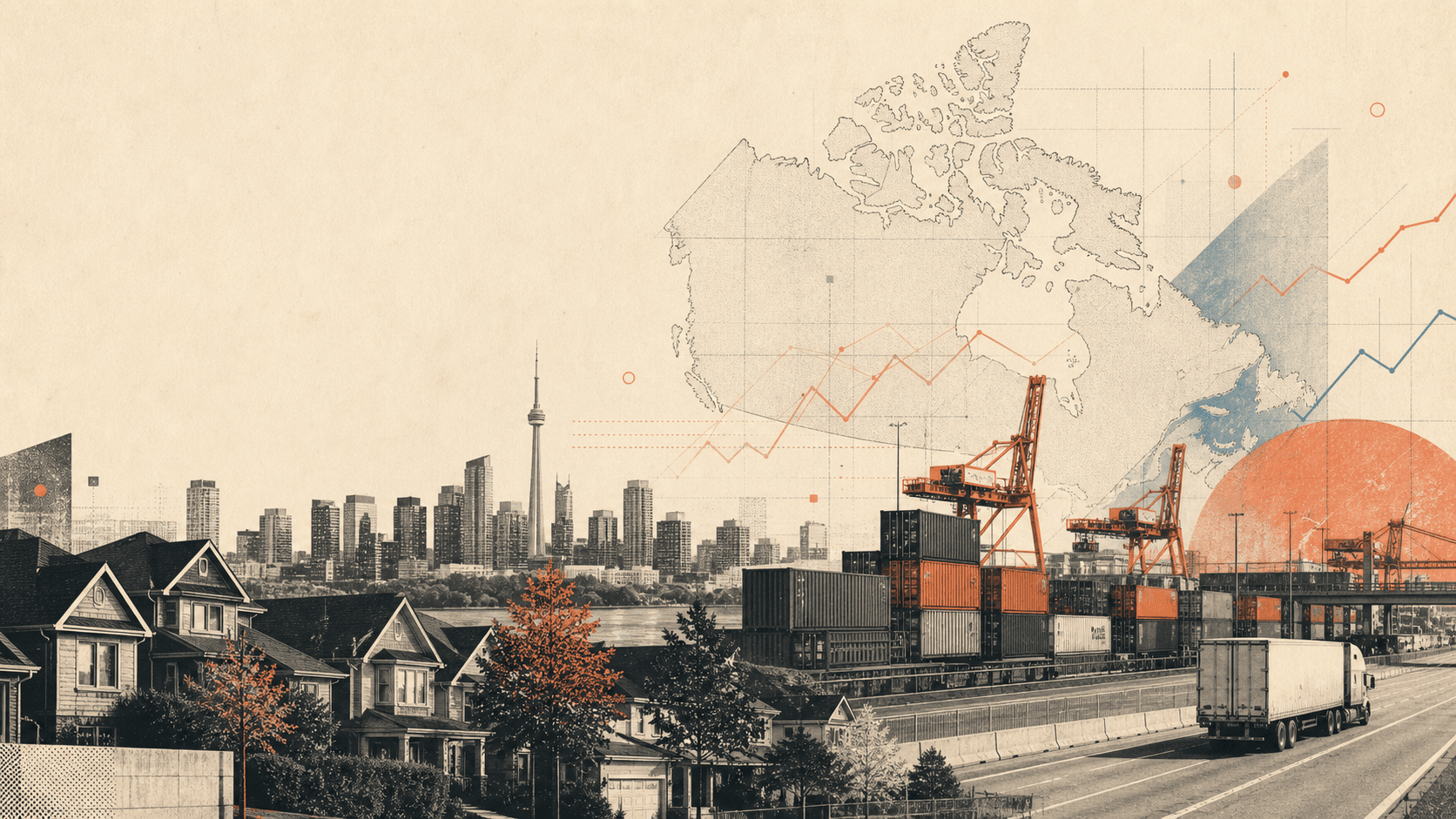 Editorial illustration of Canadian homes, the Toronto skyline, freight containers, industrial cranes and a Canada map