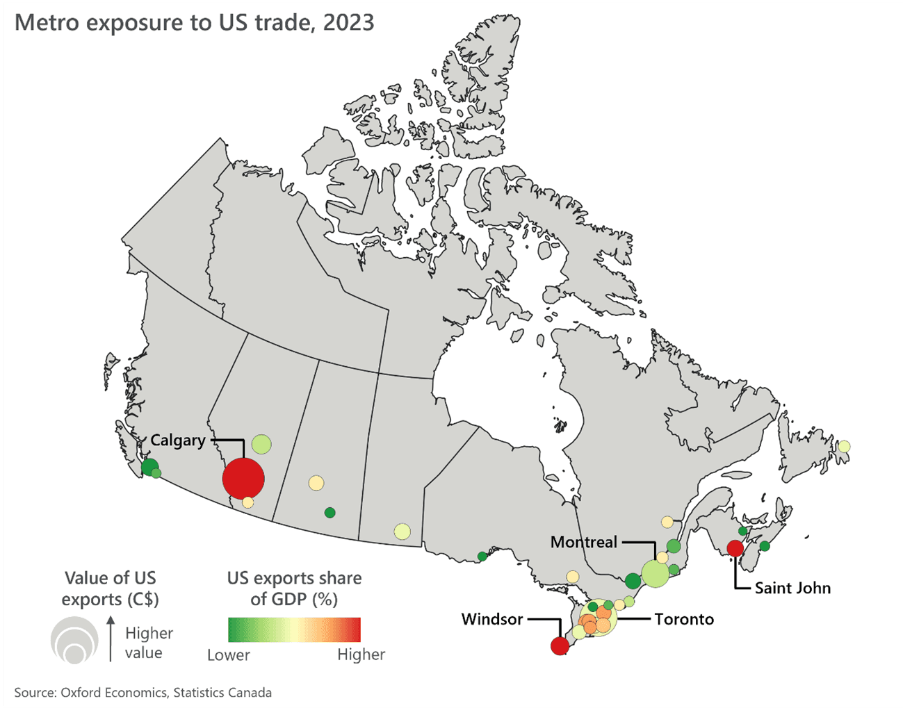 Oxford Economics map of Canadian metros showing the value of United States exports and exports as a share of local GDP in 2023