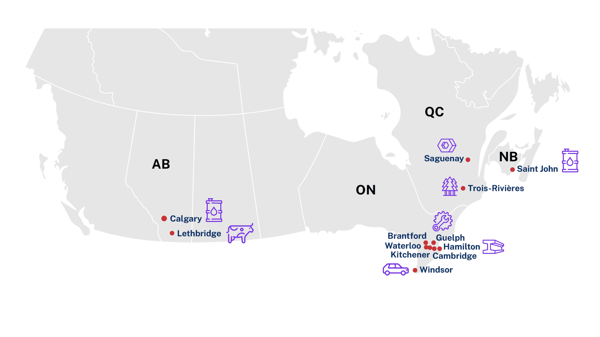 Map of Canadian tariff exposure hotspots in the Prairies, Central Canada and Atlantic Canada