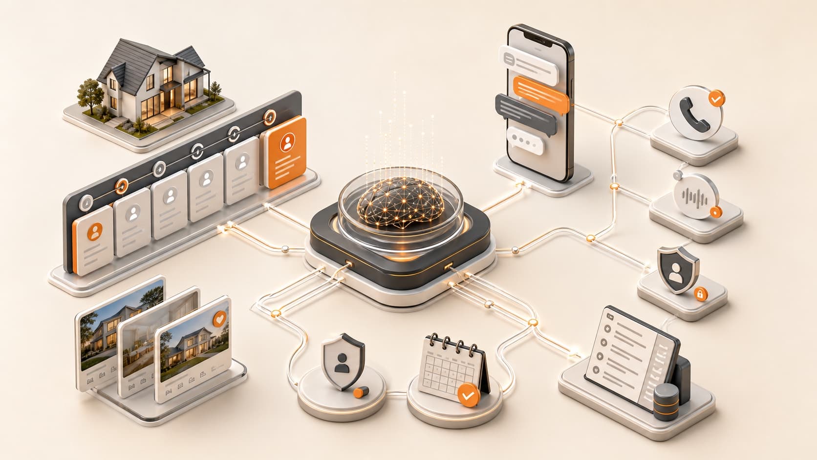 A real estate AI text messaging stack connecting CRM leads, an AI policy engine, mobile messaging, consent, delivery, calendar, and audit records